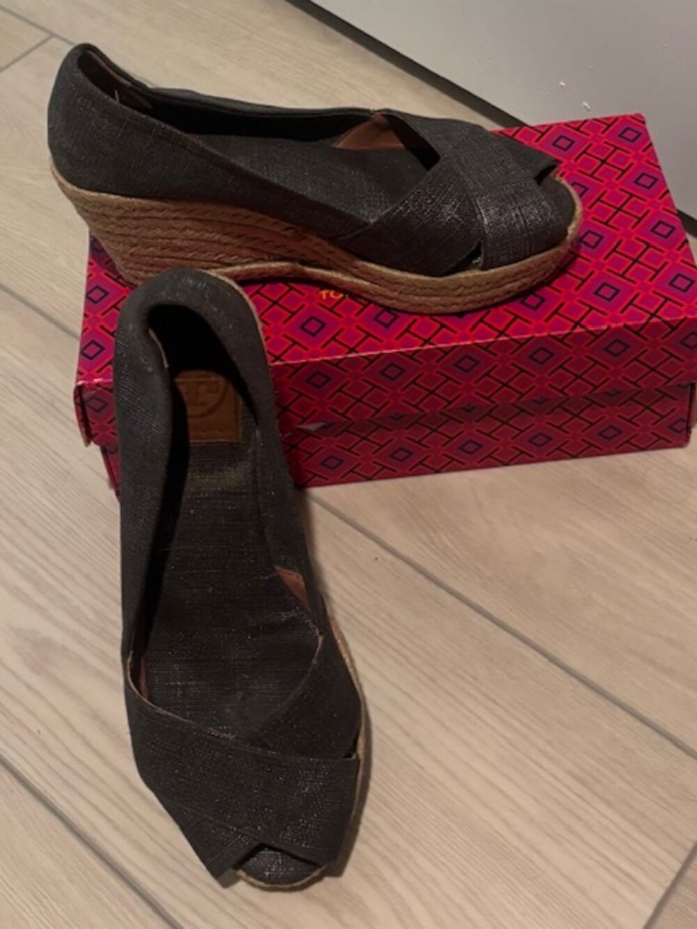 Tory Burch Black Metallic peep toe espadrille wedge